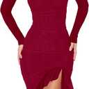BORIFLORS Women's Sexy Ruched Bodycon Midi Dresses Elegant Mesh Long Sleeve Square Neck Ruffle Hem Cocktail Party Dress (Large, Winered)