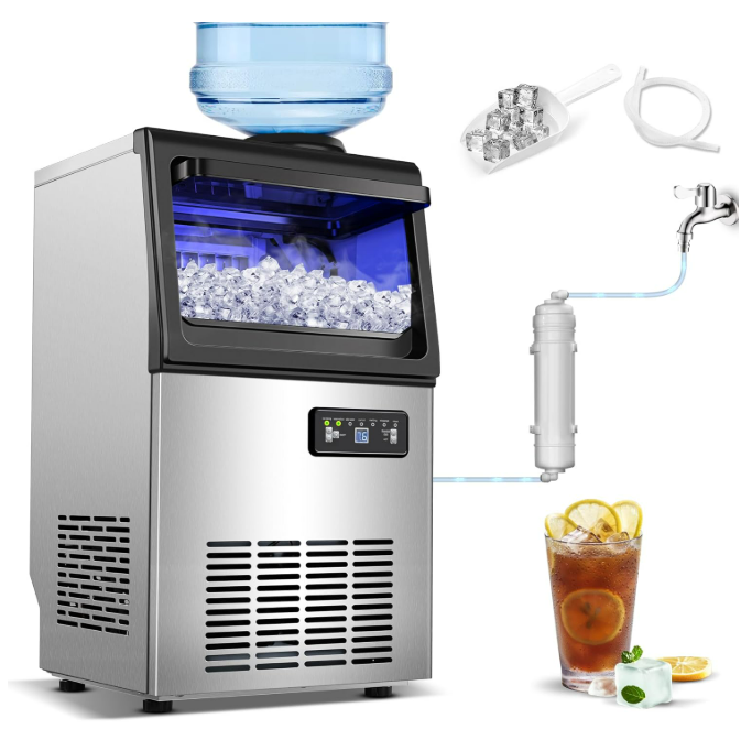 Commercial Ice Maker 110lbs/24H Ice Machine with 2 Water Inlets, Under Counter Ice Maker with 22lbs Storage, 40Pcs Ice Cubes, Freestanding Ice Machine Includes Water Filter, Scoop