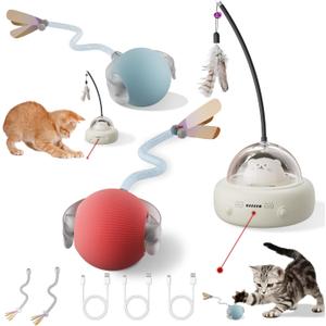 Interactive Cat Toys Set, 1 Automatic Laser Toy with Feather Wand and 2 Cat Ball Toys, Rechargeable 3-in-1 Pet Toys for Indoor Cats and Kittens