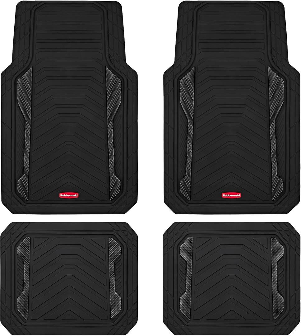Rubbermaid Car Floor Mat, Heavy Duty All-Weather Car Mats Full Set with Dual-Tone Black Aluminum Inserts Universal Fit, Anti-Slip Backing, Trim-to-Fit for Most SUV, Sedan, Van