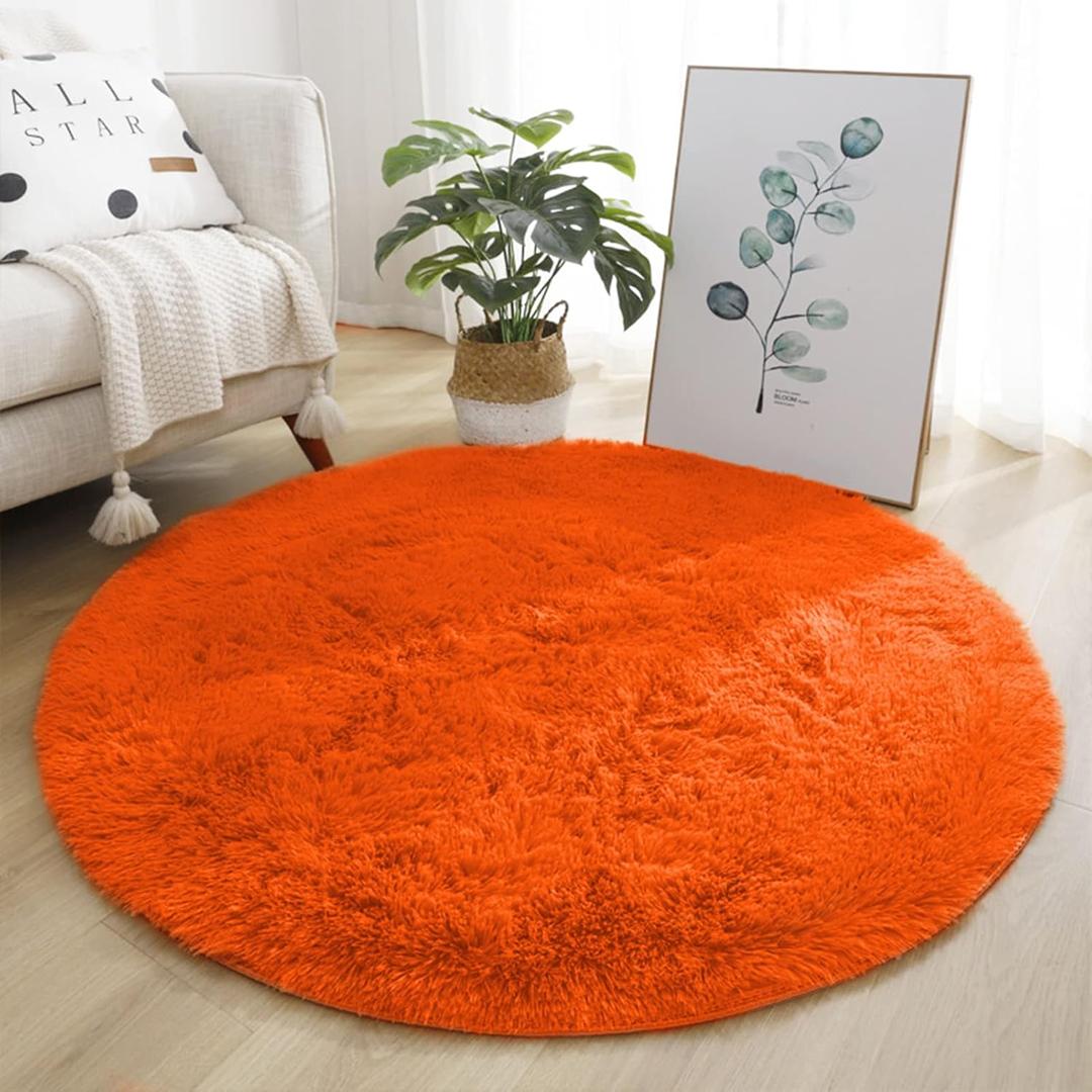 Soft Fluffy Round Area Rug, Cozy Plush Shaggy Circle Carpet for Living Room Bedroom Home Decor Orange 5.2 Feet