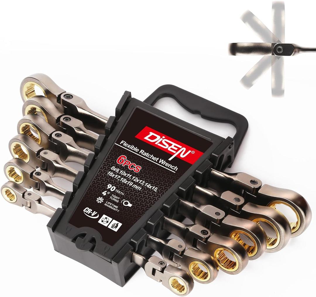 DISEN 6PCS 90 Teeth Ratcheting Wrench Set Double Box End Flex Head with Gray Nickel Coated Ratchet Wrench Set with Organizer, 12 Point 4 Swing Arc, CR-V Steel, for Home Daily Use, Gift for Man