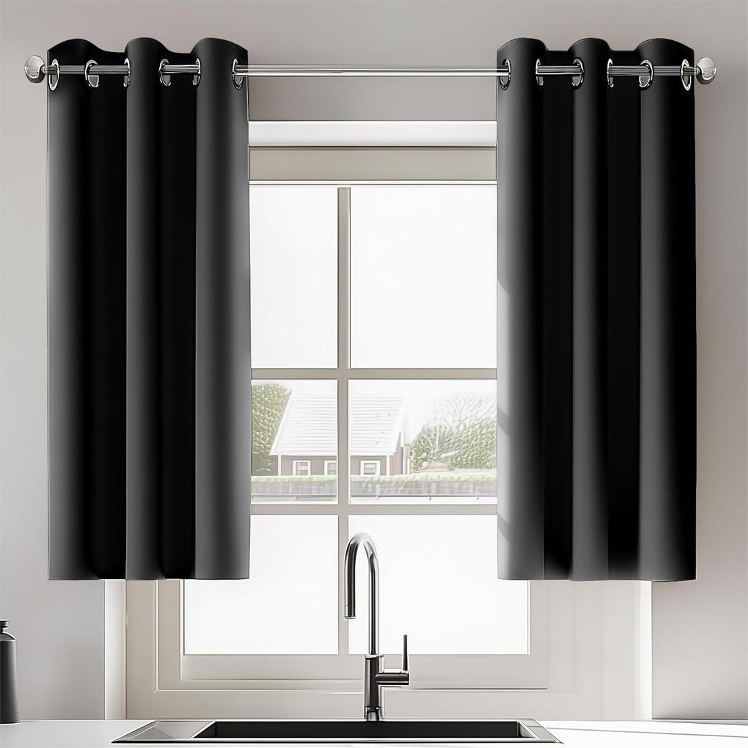 Black Short Bedroom Blackout Curtains for Living Room Bathroom Window Curtains 2 Panel Sets Thermal Insulated Door Curtain 34x36 Inch Grommit Curtains