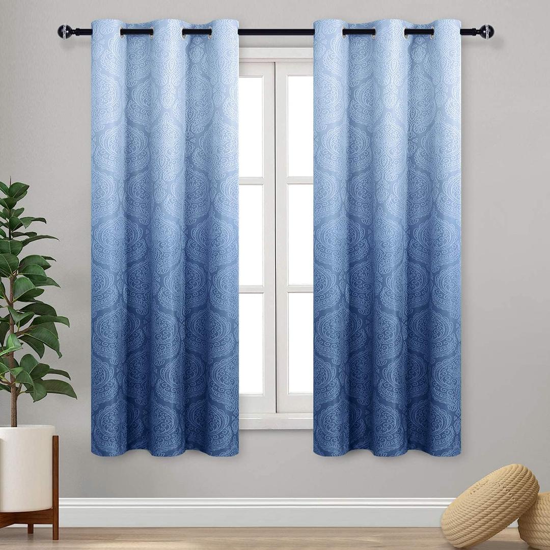 DWCN Blue Ombre Curtains for Bedroom - Damask Patterned Thermal Insulated Blackout Room Darkening Grommet Curtains for Living Room, Set of 2 Window Curtain Panels, 46 x 72 Inches Long, Navy Blue (46"W x 72"L (Pack of 2))