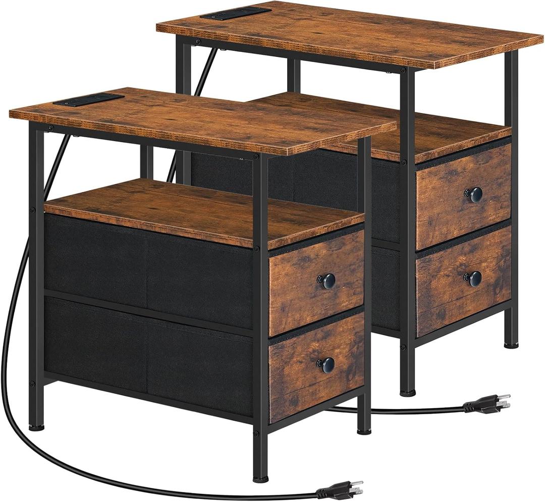 HOOBRO End Table with Charging Station, Set of 2 Narrow Side Tables, Nightstand with 2 Non-Woven Drawers, Slim Sofa Table, for Small Spaces, Living Room, Bedroom, Rustic Brown and Black BF486UBZP201, 11.8"L x 18.9"W x 23.6"H