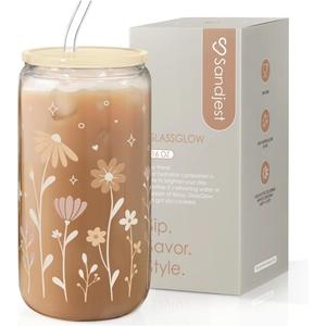 SANDJEST Flower Glass Can, Floral Cup with Lid & Straw, Iced Coffee Aesthetic Cups, Idea Gift for Christmas Birthday Mother Day, Gifts for Women, 16oz