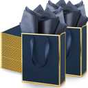 Yeaqee 50 Pack Metallic Gift Bags with Handle and Tissue Paper Gold Foil Thank You Bag for Valentine Wedding 5 Groomsmen Bridal 5 Senses Gifts Holiday Party Favors 9x7x3.15''(Navy Blue, Gold)
