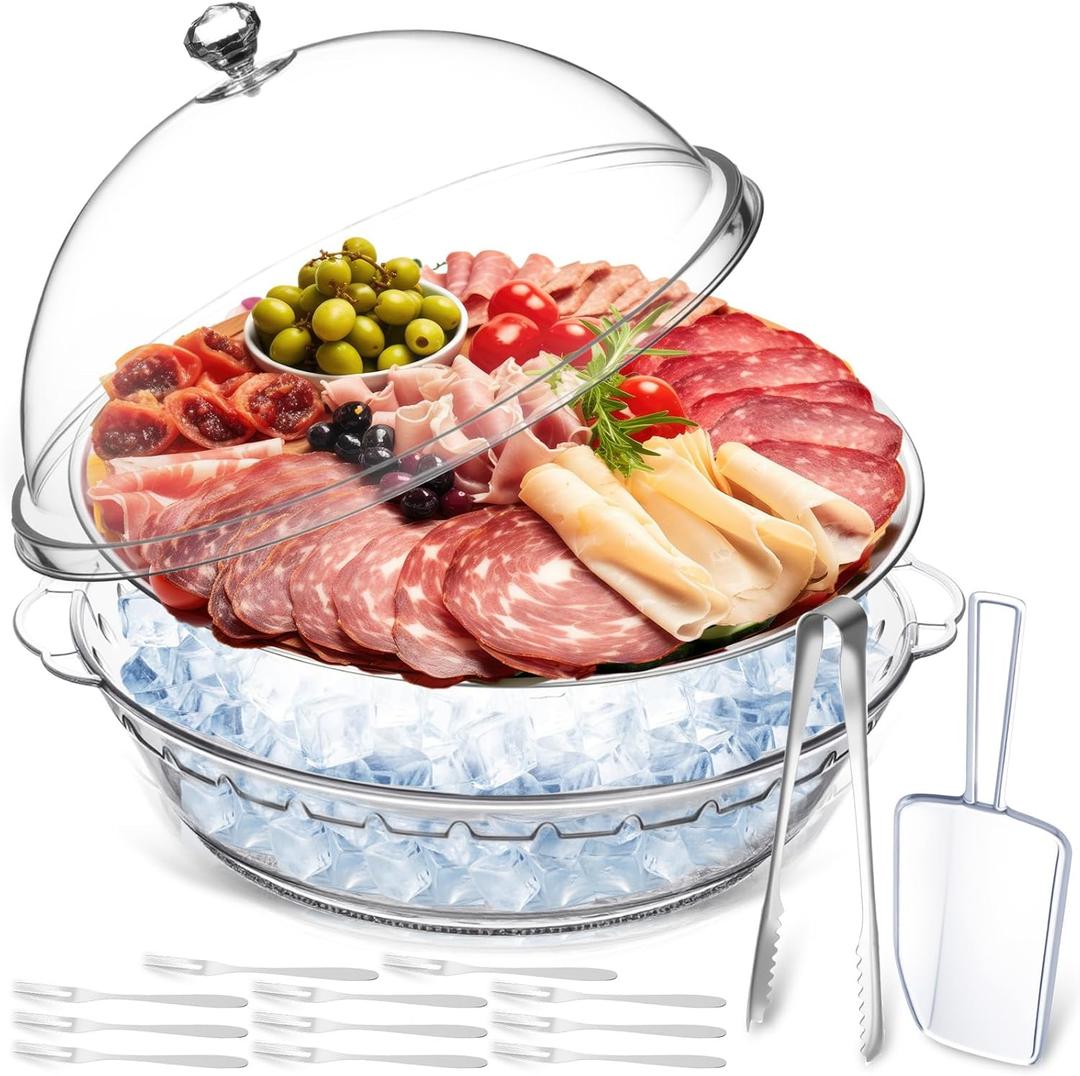 Baderke 11.8" Chilled Serving Tray for Parties with Compartments and lid Ice Chilled Party Platter Charcuterie Serving Board Cold Dish Dip for Fruit Seafood Vegetable Shrimp Cocktail(Silver,1 Pcs)