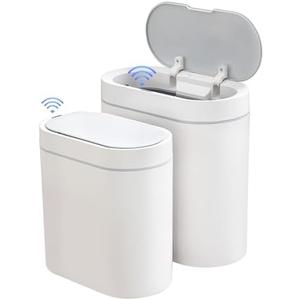 ELPHECO 2 Pack Bathroom Motion Sensor Trash can 2.5 Gallon + 2 Gallon Automatic Garbage Can, Slim Plastic Smart Trash Bin with Lid, Garbage can for Bathroom, Kitchen, Office, White, 2 Pack