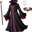 Vampire Costume Set for Girls Halloween Dress Up with Vampires Props (Fangs, Wand, Choker) 3-12 Years (4-5 Years, Black & Red)