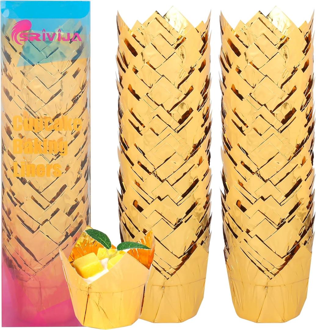 Gold Tulip Cupcake Liners 100 Pcs Baking Paper Cups Holders Greaseproof Muffin Cases Wrappers for Wedding Birthday Party Baby Shower(Gold)