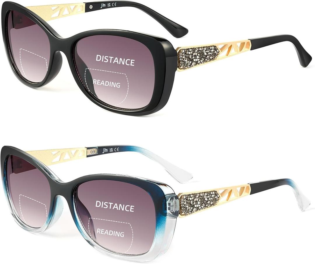 JM Bifocal Reading Sunglasses for Women Fashion Square Gradient Sun Readers Outdoor Reading Glasses UV400 Protection Black&Clear Blue +2.5