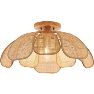 Boho 20 Inch Rattan Flush Mount Ceiling Light Flower Light Fixtures Handwoven Lampshade Ceiling Lamp Fixture for Bedroom Kitchen Island Dining Room Living Room