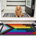 AnyDesign Rainbow Progress Gay Pride Day Doormat Everyone is Welcome Here Front Door Mat with Anti-Slip Rubber Back Rainbow Felt Floor Rug for LGBT Indoor Outdoor Kitchen Home Decor, 17 x 29 Inch
