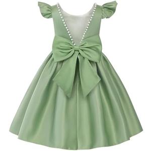 Uhnice Flower Girl Satin Dress with Pearls Flutter Sleeves V Back Gown with Removable Bow for Wedding Birthday Party, Green, 2-3 Years Old