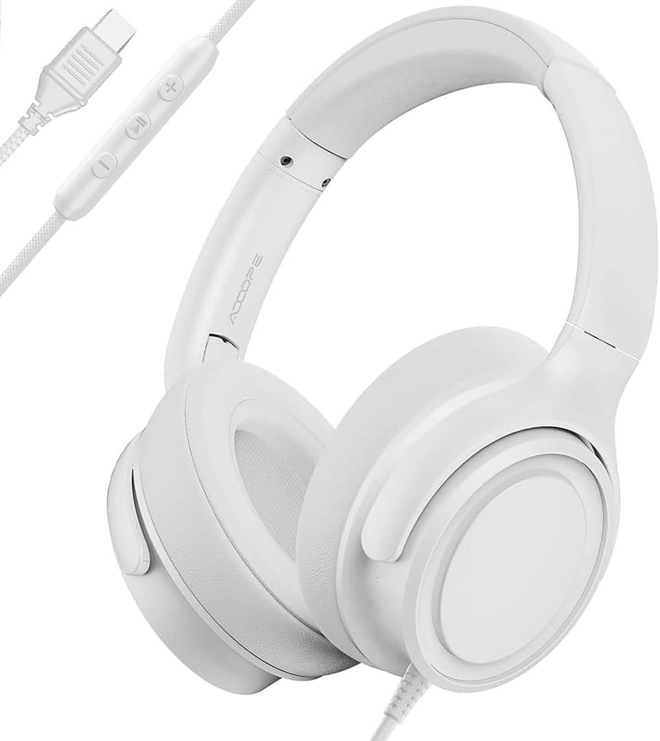 USB C Wired Over-Ear Headphones with Microphone, Hi-Fi Stereo Sound, Noise-Isolating Ear Cups, Comfortable Fit for iPhone15/16, Samsung Galaxy S24/S23, Type-C Phones & Tablets (White)