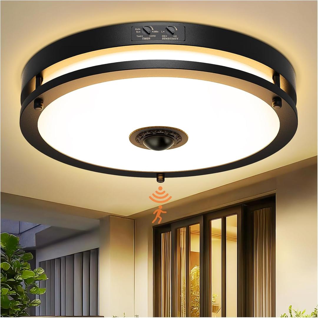 24W LED Motion Sensor Outdoor Ceiling Light, 12IN 2700K/3000K/3500K/4000K/5000K Adjustable Ceiling Lights, Dusk to Dawn Flush Mount LED Ceiling Light Fixture for Porch, Entryway, Garage (Black)