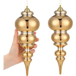 Soulchen 2 Pcs 12" Large Christmas Finial Drop Ornaments Giant Shatterproof Plastic Christmas Ball Ornaments Xmas Tree Topper Hanging Decorations for Holiday Xmas Decor(Gold Shiny)