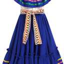 Mexican Dress for Girls Floral Embroidered Traditional Mexican Folklorico Dress Toddler Cinco de Mayo Fiesta Party Dresses (Blue, 7-8 Y)