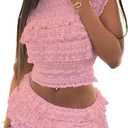 Molilove Shorts Sets Women 2 Piece Outfits Lace Patch Short Sleeve Crop Top and Shorts Sexy Summer Party Clubwear,Pink, Large