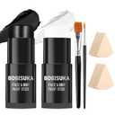 BOBISUKA Black & White Painting Kit - 2 Face Body Paint Sticks with 2 Paintbrushes & 2 Sponges Halloween Makeup Set for Clown Skeleton Skull Cosplay Special Effects Costume SFX , Eye Black for Sports