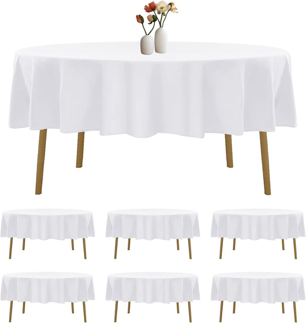 6 Pack Round Tablecloth 90 Inches White Table Cloth Stain and Wrinkle Resistant Washable Polyester Fabric Table Cover for Party, Wedding and Banquet Decoration