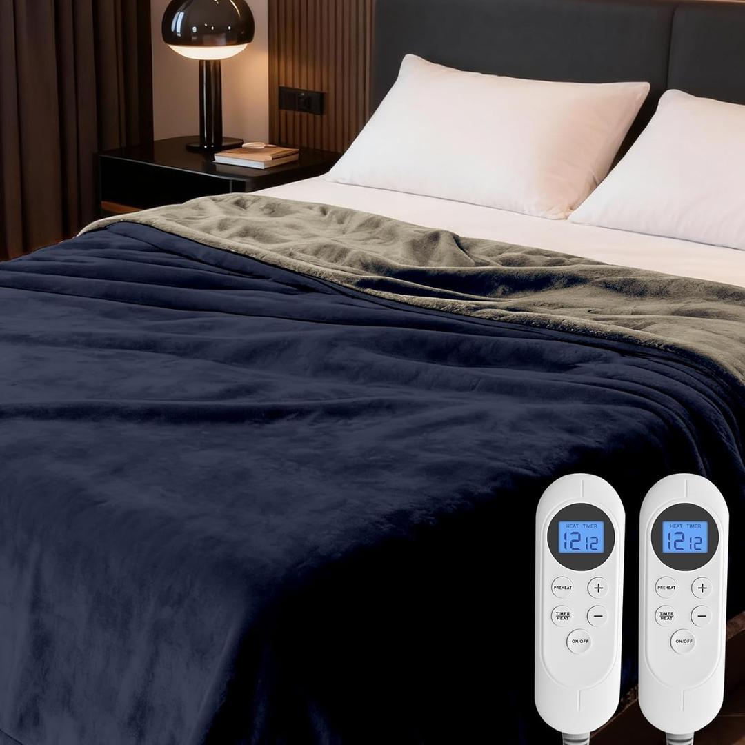 Heated Blanket Queen Size, 84"x90" Electric Heating Soft Dual-Sided Flannel Machine Washable Blanket, 12 Heat Levels & 12 Hours Auto Off, Soft Warm Flannel Blanket, Overheat Protection with ETL & FCC (Blue & Gray)
