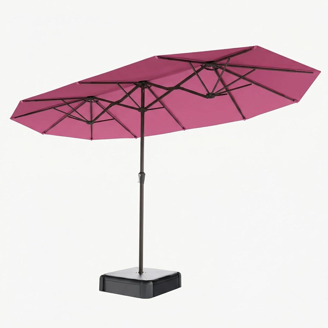 15FT Double Sided Patio Umbrella with Base Included Large Outdoor Market Umbrella with Crank Handle, UV Resistant Canopy, Sturdy Frame for Garden, Poolside, Deck, Rose Pink, Metal Ribs
