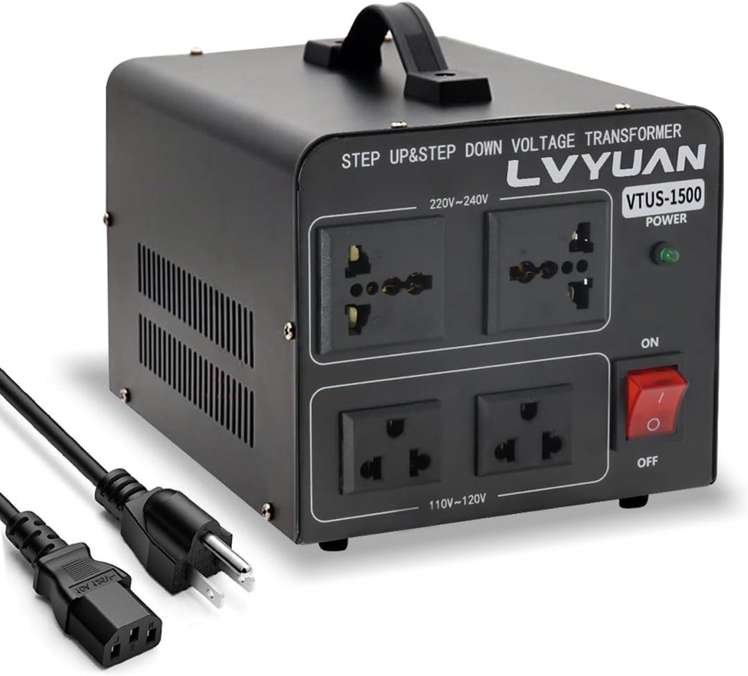 LVYUAN Voltage Converter Transformer 1500 Watt Step Up/Down Convert from 110V-120V to 220V-240Vt and from 220V-240V to 110V-120V with 2 US outlets, 2 Universal outlets, Resettable Circuit Breaker