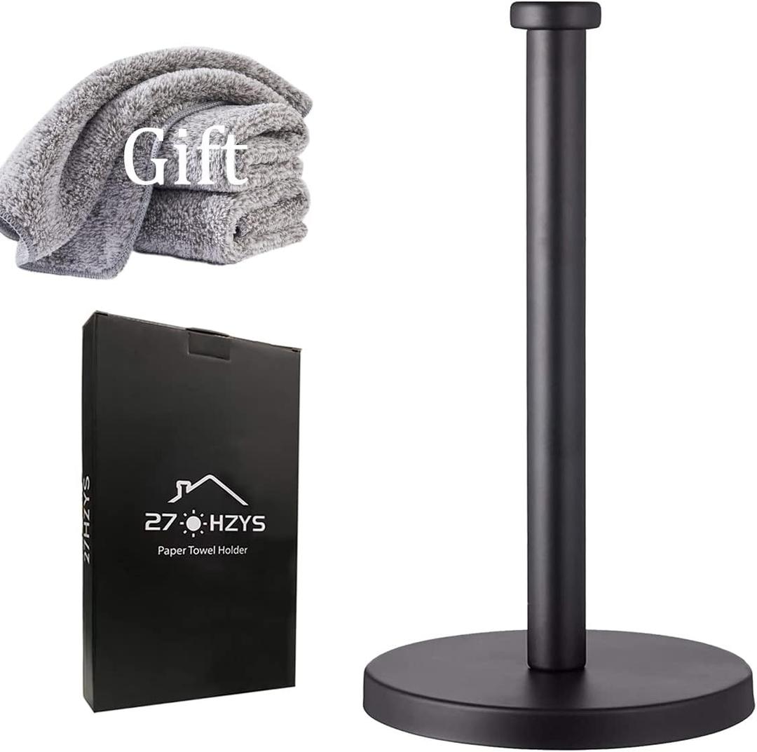 Black Standing Paper Towel Holder for Kitchen& Bathroom Countertop,Under Counter, Table Or BBQ, Standard or Jumbo-Sized Roll Paper (with Stainless Steel Base)