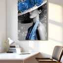 Kalormore Modern Canvas Wall Art Black White Woman Portrait with Sparkling Blue Roses Hat and Dress Gallery Wrapped Contemporary Painting for Living Room Home Decor Easy to Hang 24"x36" (Blue)