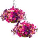 2 Set Artificial Outdoor Petunias Flowers with Hanging Baskets, 24 Pcs UV Resistant Faux Petunias Flowers with Hanging Planter for Front Door Porch Spring Outside Decor (2, RoseRed,RedViolet)