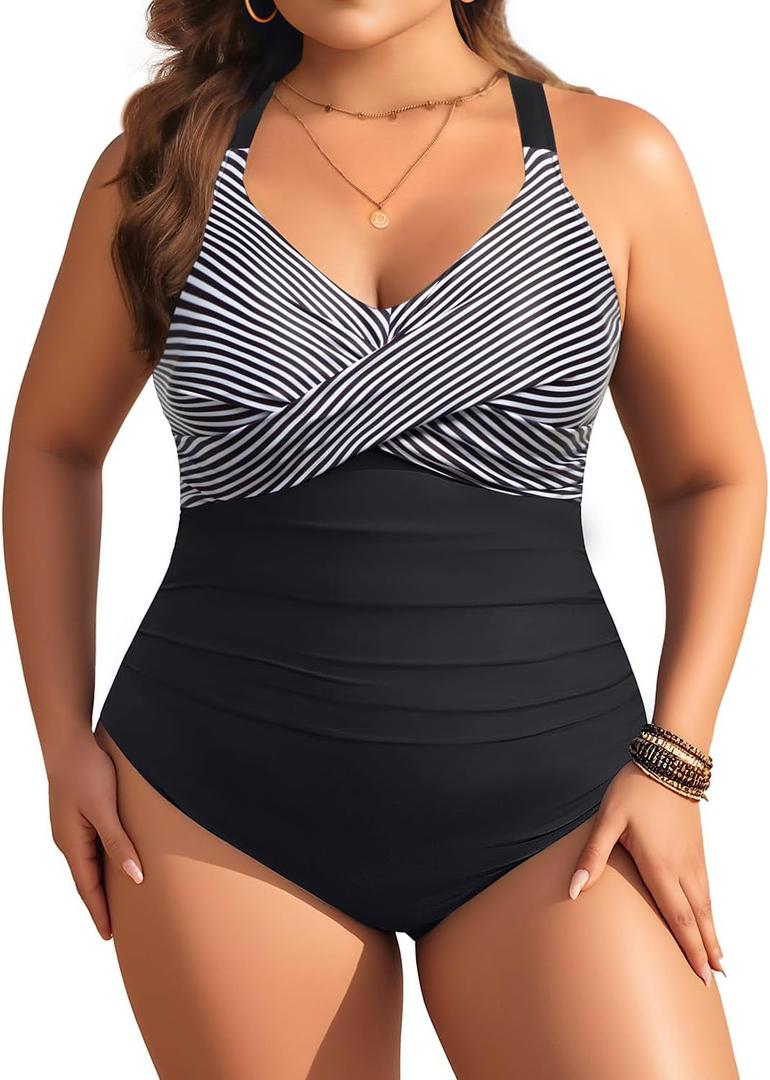 Aqua Eve Plus Size One Piece Swimsuit - Women's Tummy Control Bathing Suit Retro Full Coverage Swimwear 2025 Black Striped, 16W