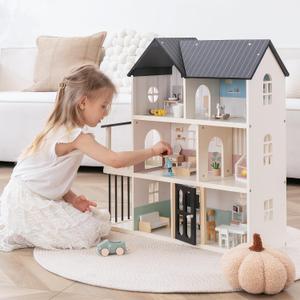 Wooden Dollhouse for Kids, 6-Room Modern Style Toy Doll House Playset with 26 Furniture & Functional Doors, 1:12 Scale Open Plan Dollhouse Designed for 4-6 Inch Dolls, STEM Creative Gift for Ages 3+