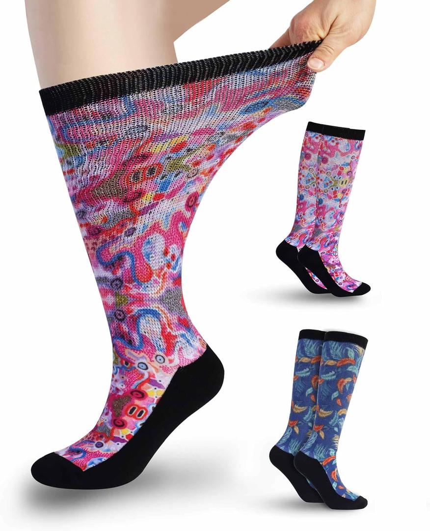 Diabetic Socks for Women & Men Extra Wide, Over The Calf Non Binding Lymphedema Neuropathy Swollen Feet for Women Men (G-cute Snake & Rainforest-2pairs) XL