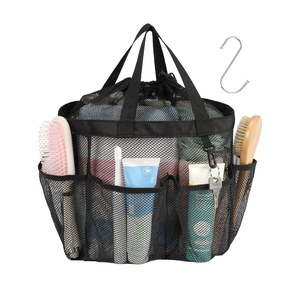 Mesh Shower Caddy Portable with Drawstring - Large 8 Pockets Dorm Room Essentials for Guys Girls with S Hook, Shower Bag Basket Tote for College Camping Gym Travel Toiletry Bathroom, Black