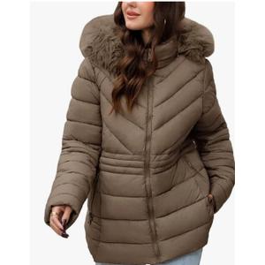 Bellivera Women's Winter Thickened Quilted Puffer Jacket Zipper Pockets Bubble Coat with Removable Hood and Faux Fur Collar Large