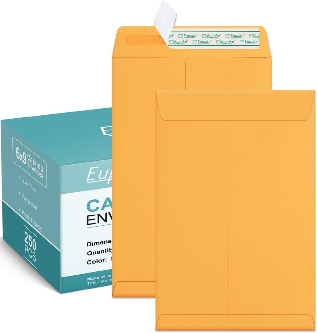 Eupako Catalog Envelopes 6x9 Small Brown Envelopes Self Seal 250 Pack for Mailing, Organizing, Storage (6x9 Inches, Brown)