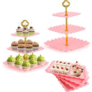 6 Pcs Dessert Table Display Set - 2 X Cupcake Stand Holder/Cup Cake Tier Tower & 4 X Serving Tray Combo for Tea Party, Birthday, Baby Shower (Square Pink)