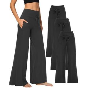 Showitty 1/3 Pack Women's Wide Leg Pants with Pockets, Casual Loose Pajama Palazzo Trousers Sweatpants for Yoga Lounge, Small