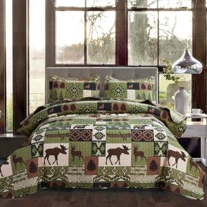 Oliven 3 Pcs Cabin Bedding Quilt King Size Lodge Moose Bear Quilt Set Green Brown Patchwork Rustic Bedspread Forest Coverlet All Seasons Plaid Bed Cover with Pillow Shams (King(108"x96"))