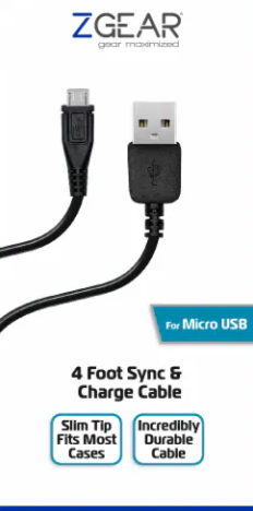 ZGEAR 4' MICRO USB DATA CABLE BK EA