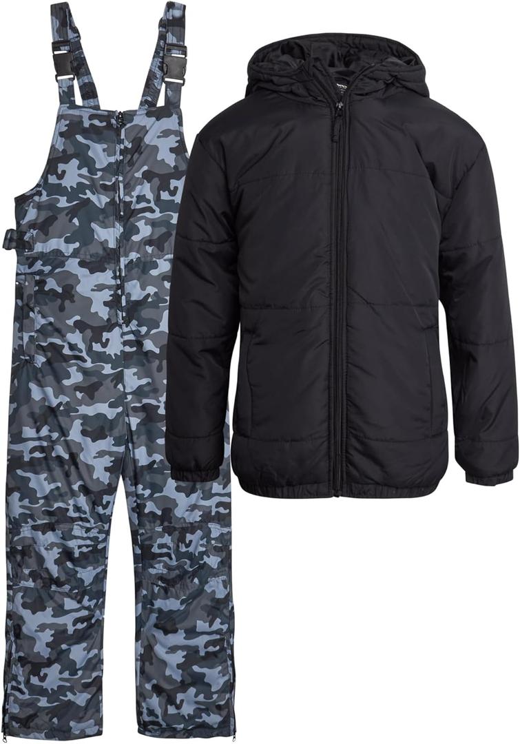 Arctic Hero Kids' Ski Set - 2 Piece Unisex Boys' and Girls' Insulated Waterproof Snow Bib with Hooded Jacket (4-18), Size 12/ 14, Black/ Camo