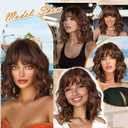 Novastel Wigs Human Hair with Bangs Short Wavy Bob for Women Black Mixed Brown Highlights Lightweight Breathable Glueless for Daily Party Cosplay (Brown Highlights,14 Inch)