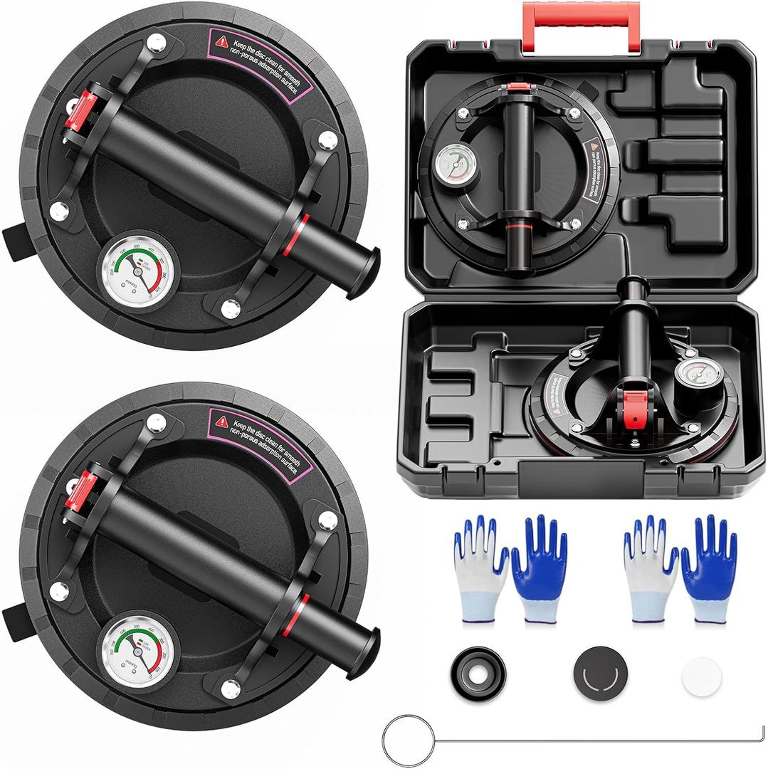 ZHJAN 8" Heavy Duty Glass Suction Cups (2 Pack) with Pressure Gauge  880 lbs Lift Capacity  Industrial Vacuum Lifters with Carrying Case for Large Glass, Tile, Granite, Window Replacement