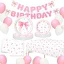 Zhehao 66 Pcs Coquette Pink Bow Birthday Party Supplies Include 7" 9" Pink Bow Paper Plates and Napkins Sets Happy Birthday Banner Tablecloth for Coquette Party, Serves 16 Guests