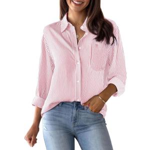 Striped Button Down Shirts for Women Cotton Dress Shirts Long Sleeve Collared Blouses Work Business Casual Tops (Pink, M)