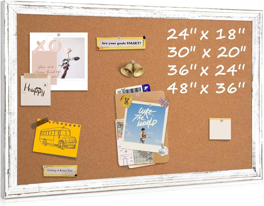 Cork Board Bulletin Board, 36" x 24" Corkboard for Wall, Rustic White Wooden Frame, Hanging Pin Board for Home & Office Decor, 10 Push Pins