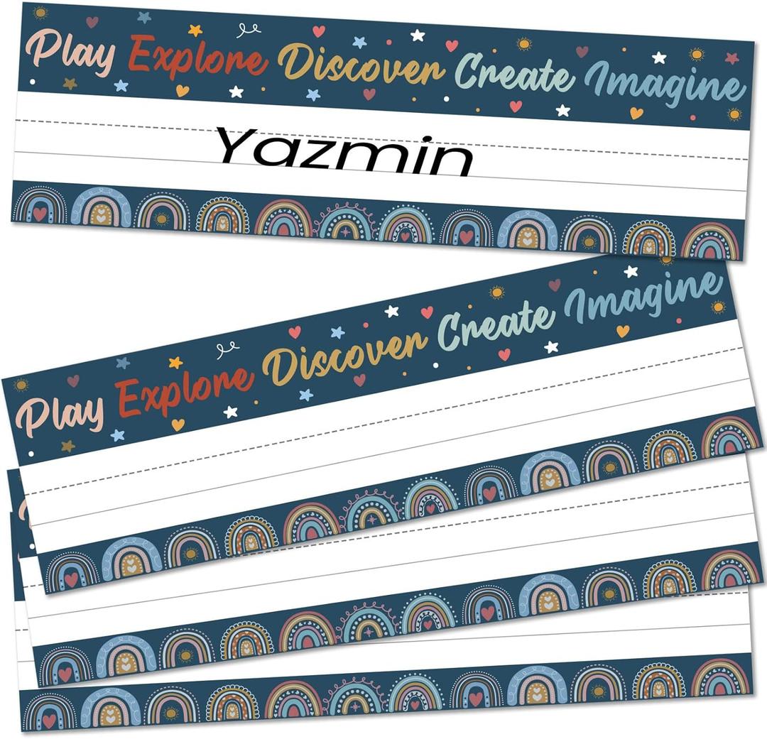 36Pcs Rainbow Boho Name Tags for Classroom,Inspirational Student Name Plates for Classroom Elementary Kindergarten Nameplates,Back to School Waterproof Repeatable Adhesive Student Name Tags10x3 Inch