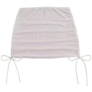 Falainetee Women's Drawstring Solid Mesh Sheer Summer Bikini Cover Up Skirt Off-White, S